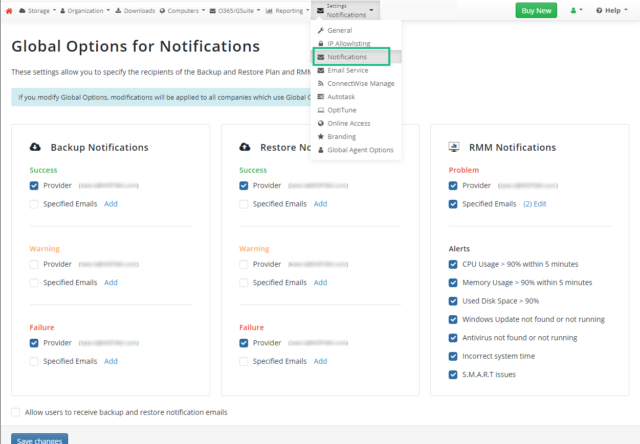 Global Options for Backup, Restore, and RMM Notifications